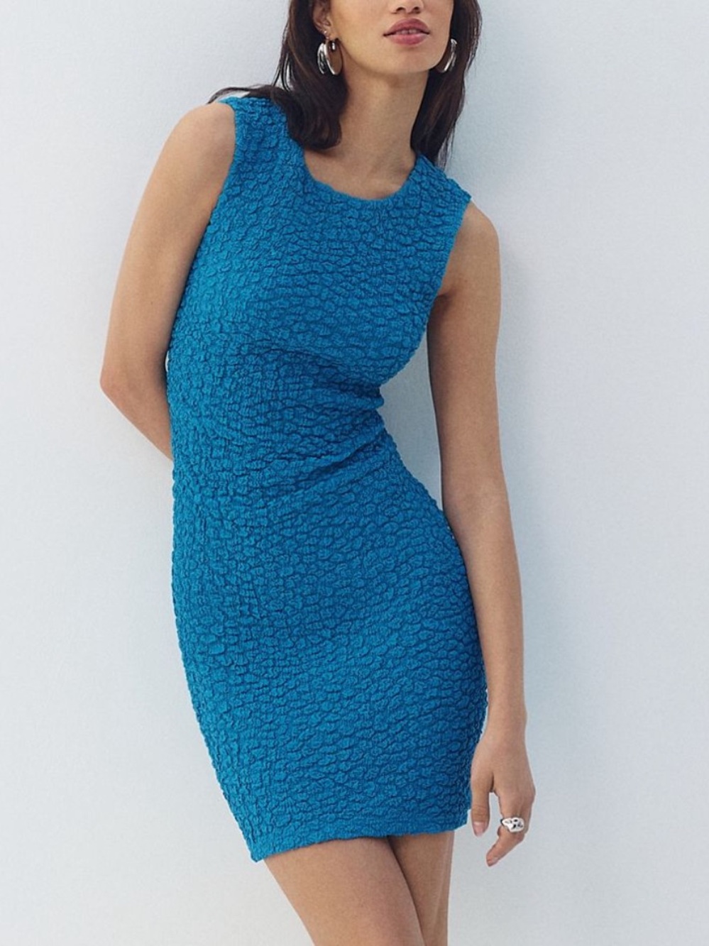 Anthropologie NWT textured crinkle mini shift bodycon dress blue SZ S